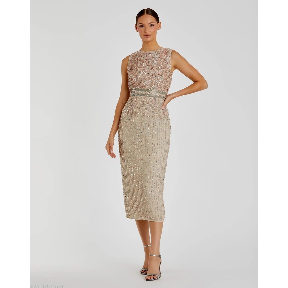 Mac Duggal Rose Gold Sequin Beaded Sleeveless Midi Column Dress Nude Pink 4